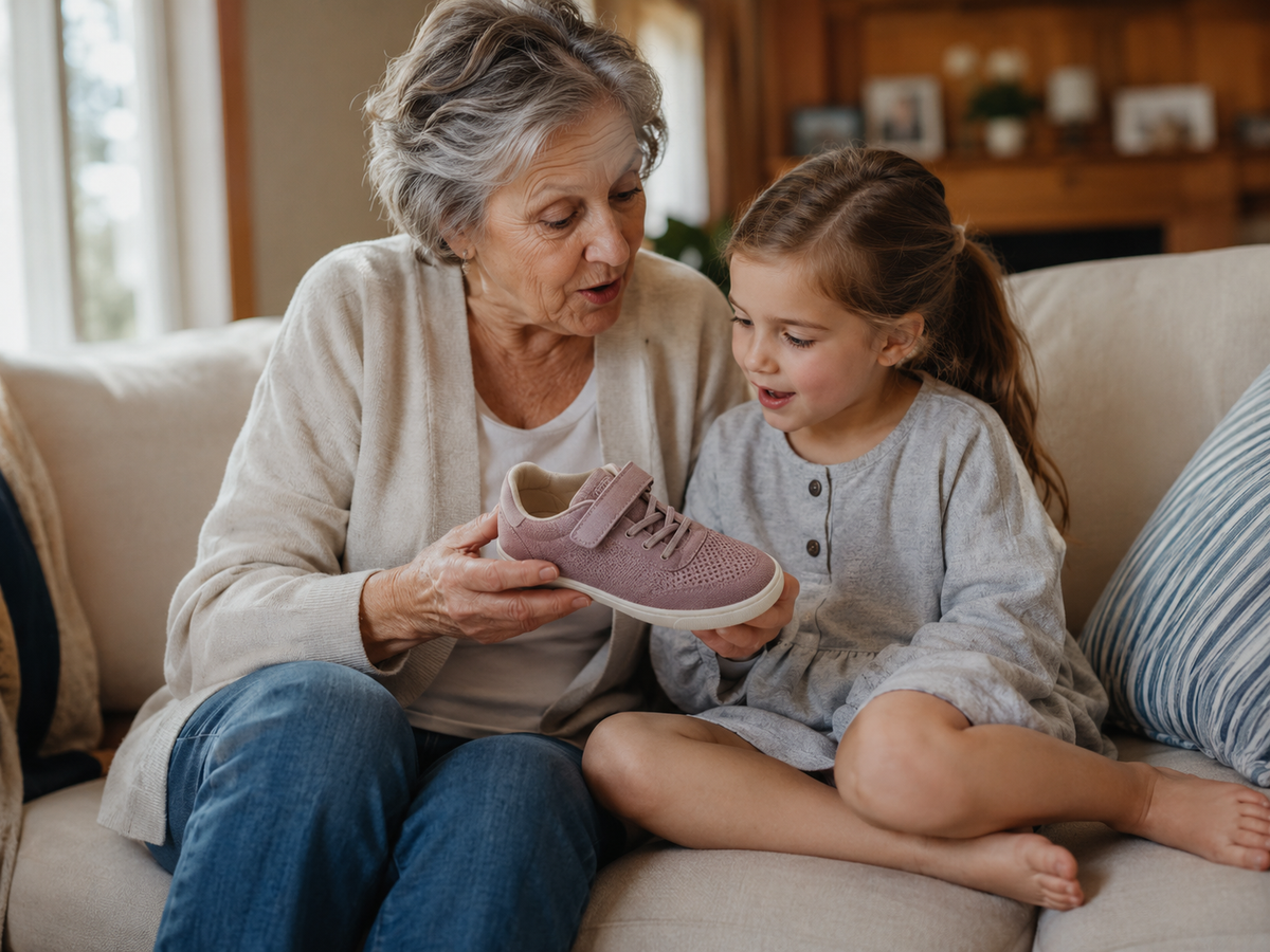 Grandmother and grandchild looking at a shoe together