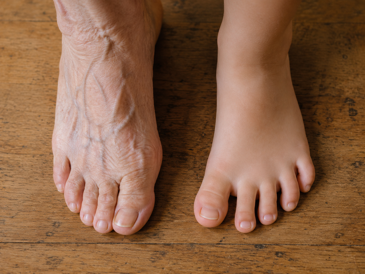 An adult bare foot next to a child bare foot on a wooden floor