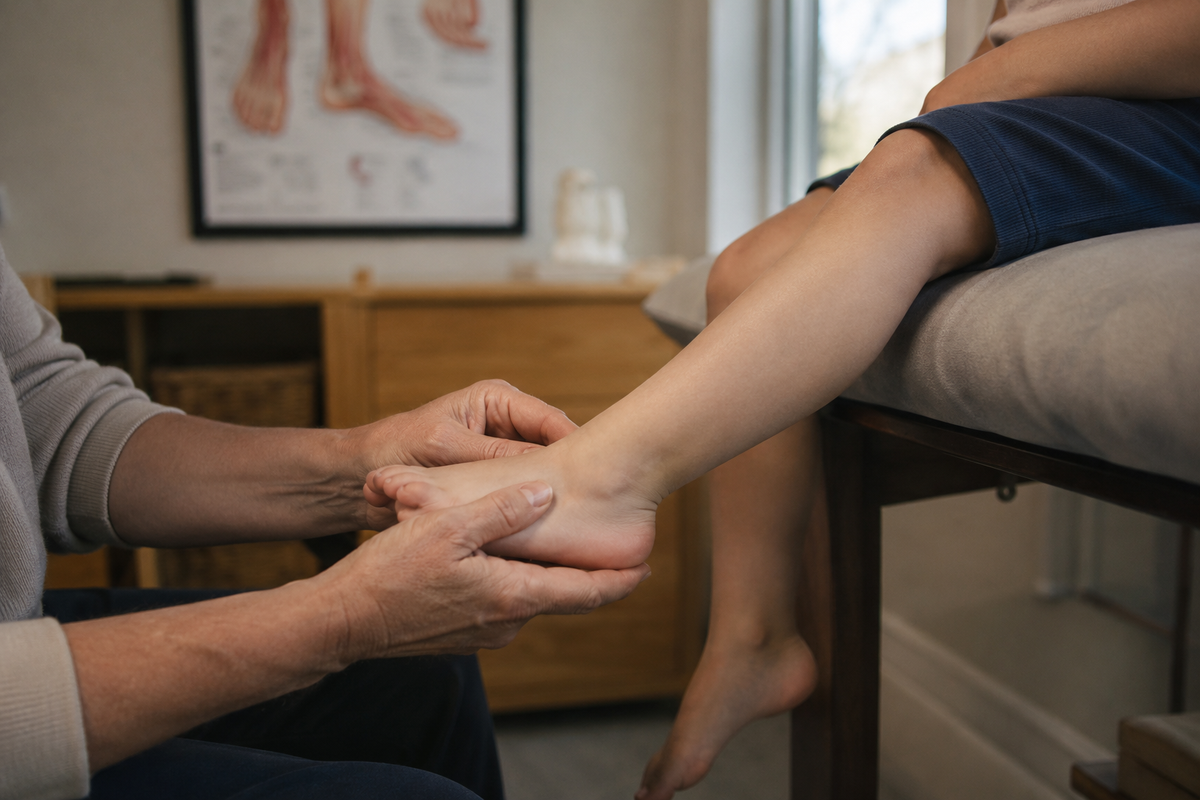 A podiatrist examining a young child's foot