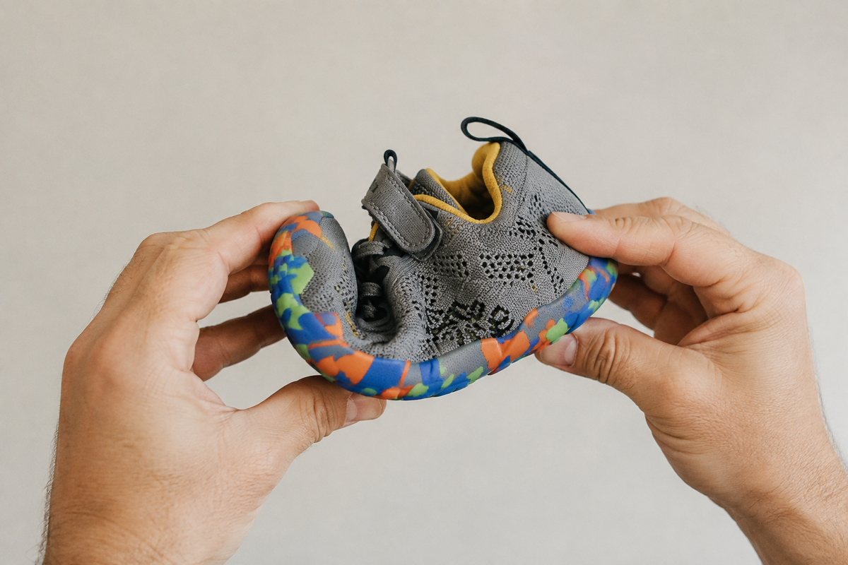 A hand bending a children's shoe at the ball of the foot